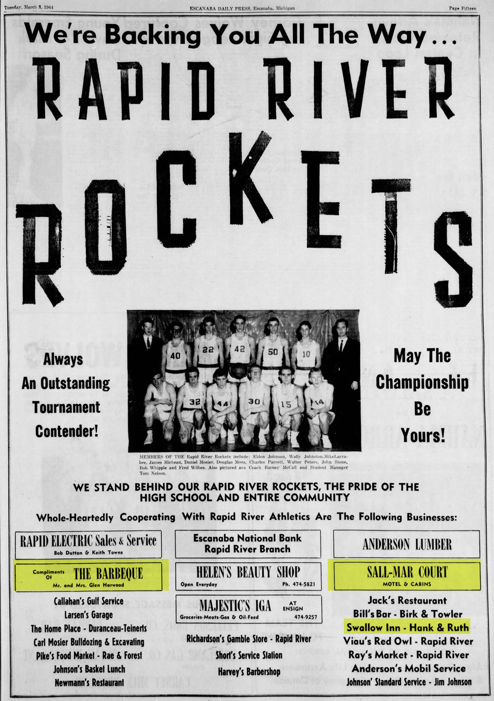 Sall-Mar Resort (Sal-Mar Court) - Mar 3 1964 Ad For Rapid City Rockets